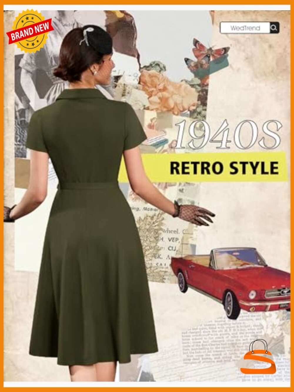 Vintage Tea Dress, Short Sleeve A-Line Cocktail Party Dress, V-Neck Swing Dress - Picture 5 of 7